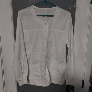 WonderWink WonderFlex Women White Scrub Top Long Sleeve Button Snap Sz Small